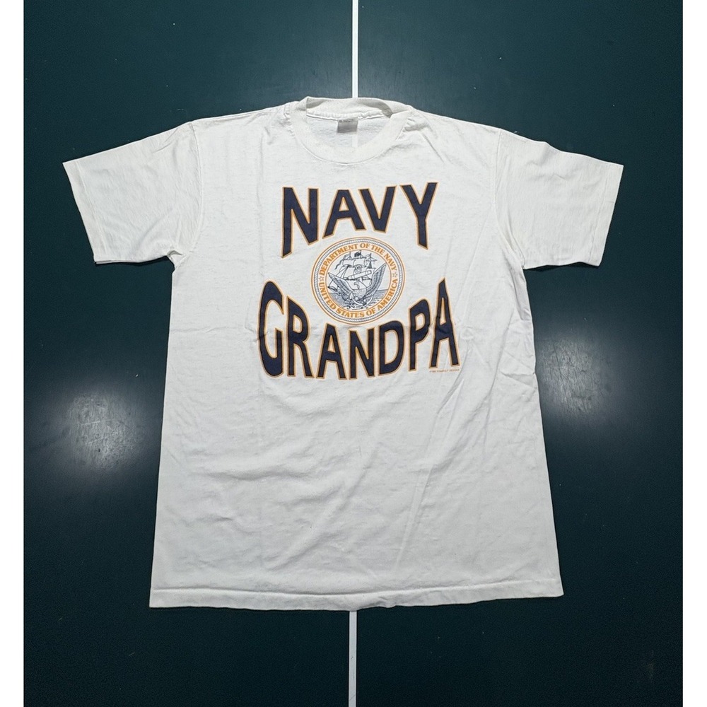 Vintage 90s US Navy Grandpa T Shirt Mens Large White Single Stitch 1990 USA Made